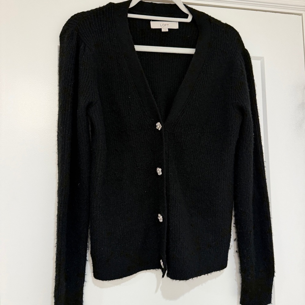 LOFT Black V-Neck Cardigan with Crystal Button Accents